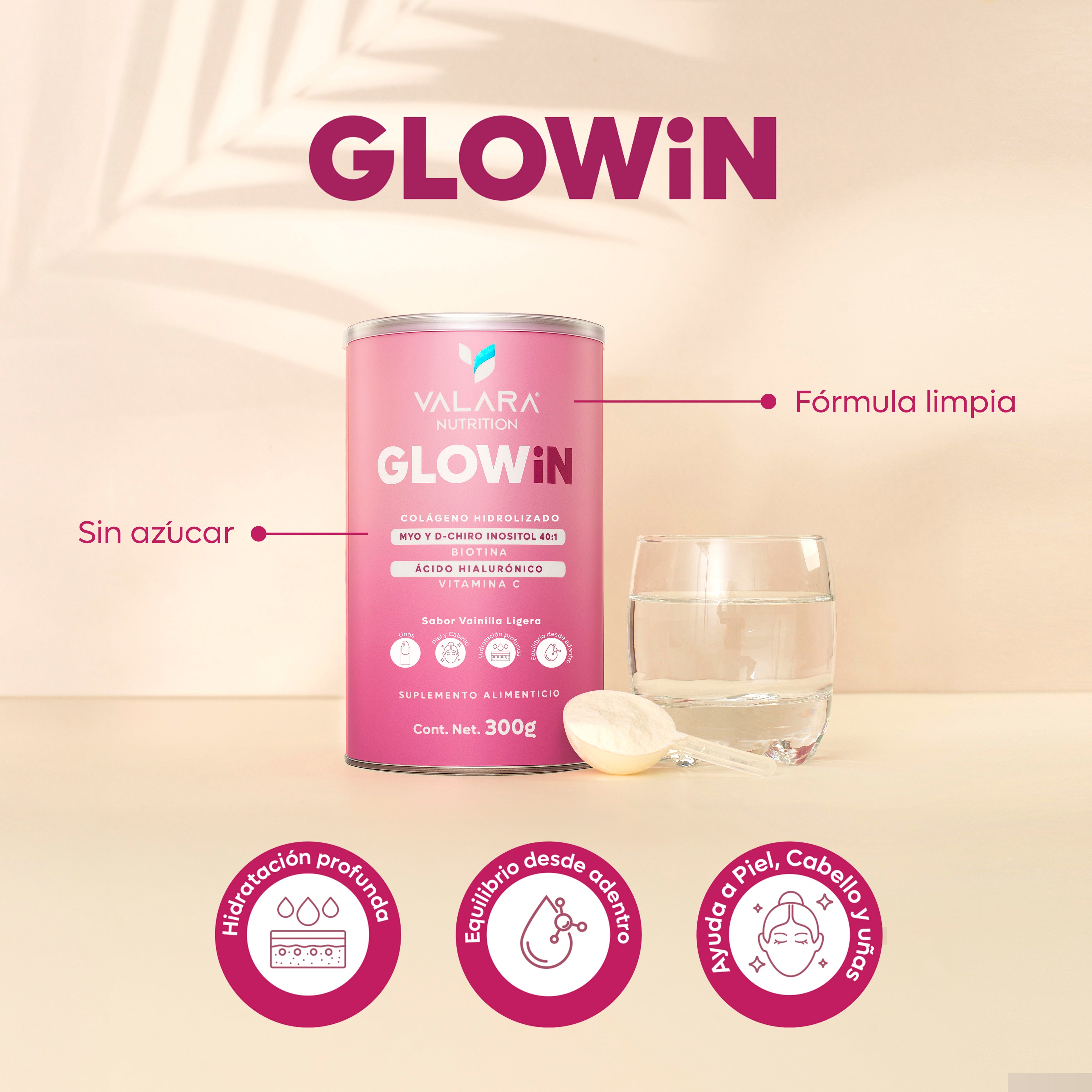 GLOWiN Colágeno Hidrolizado con Myo & D-Chiro Inositol 40:1, Vitamina C, Ácido Hialurónico y Biotina – 300g