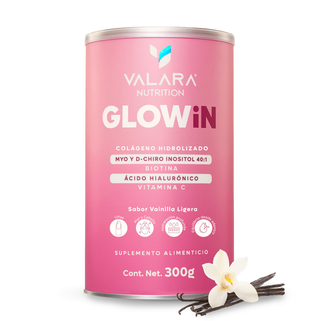 GLOWiN Colágeno Hidrolizado con Myo &amp; D-Chiro Inositol 40:1, Ácido Hialurónico y Biotina – 300g