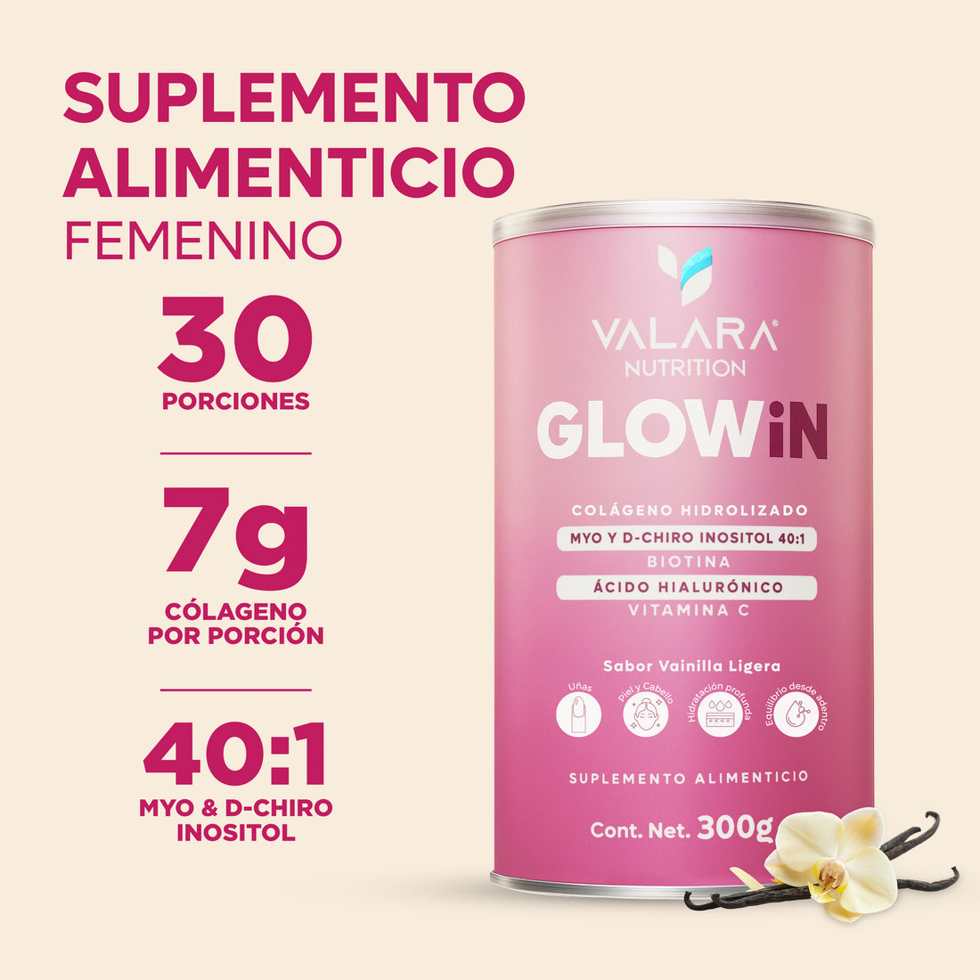 GLOWiN Colágeno Hidrolizado con Myo &amp; D-Chiro Inositol 40:1, Ácido Hialurónico y Biotina – 300g