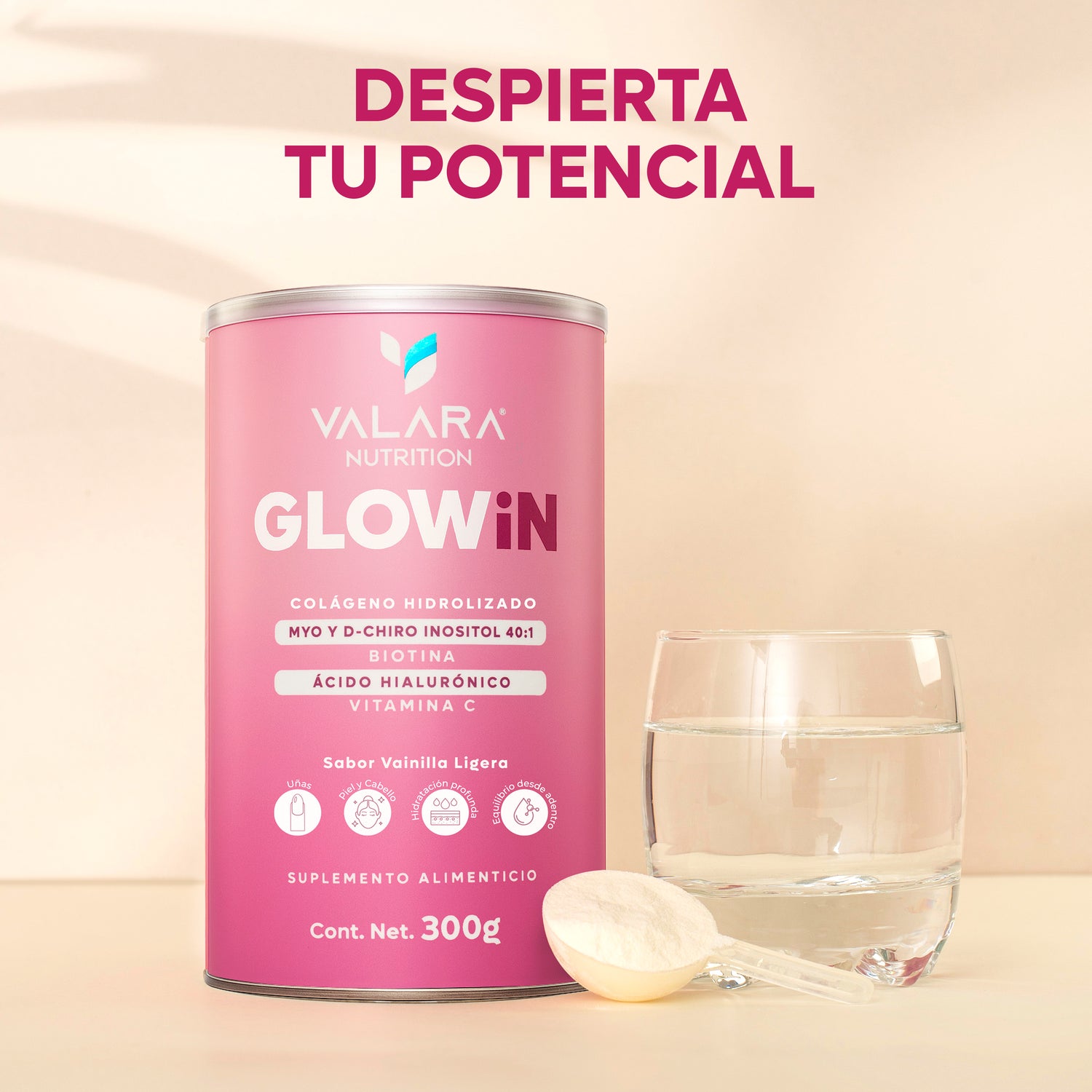 GLOWiN Colágeno Hidrolizado con Myo &amp; D-Chiro Inositol 40:1, Ácido Hialurónico y Biotina – 300g