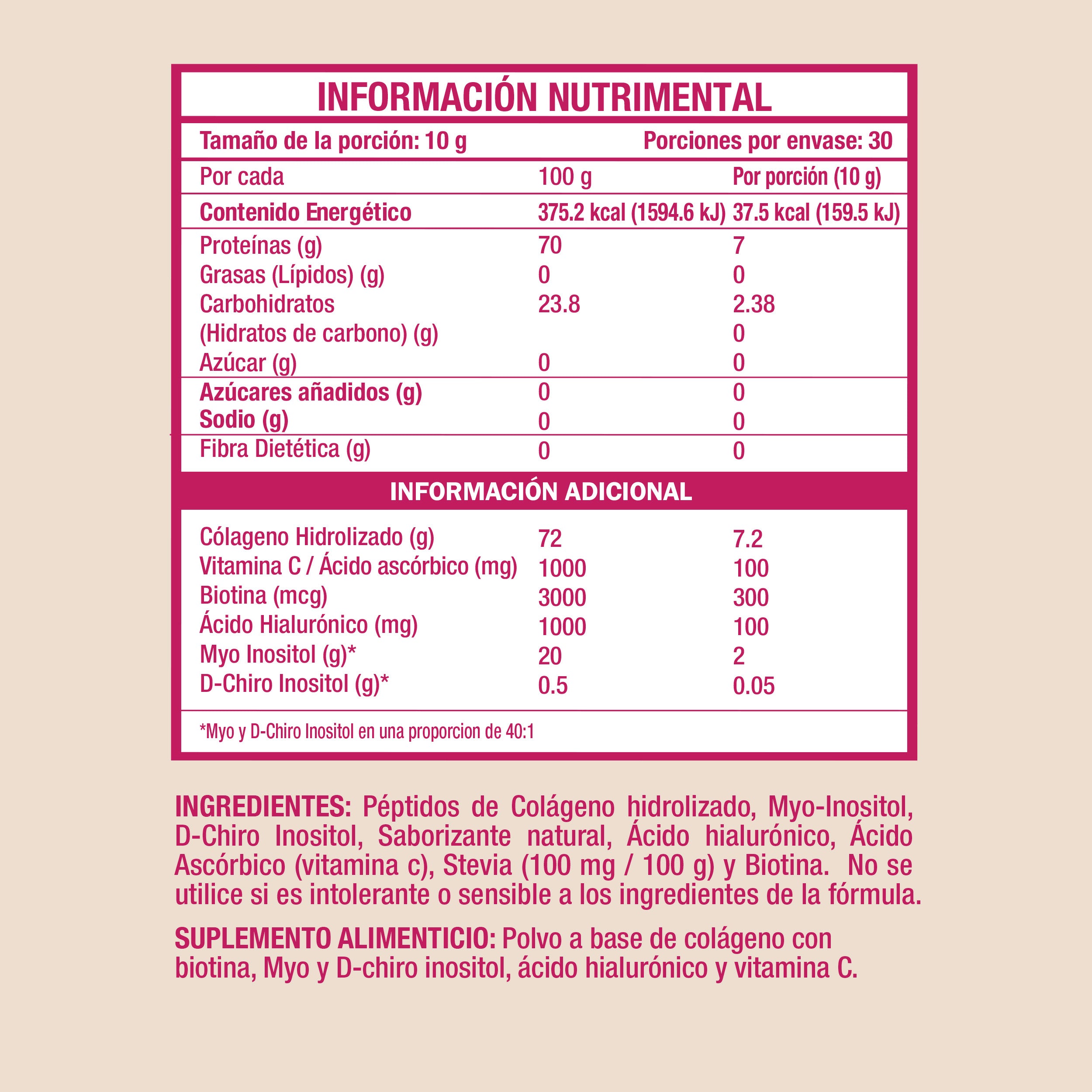 GLOWiN Colágeno Hidrolizado con Myo &amp; D-Chiro Inositol 40:1, Ácido Hialurónico y Biotina – 300g